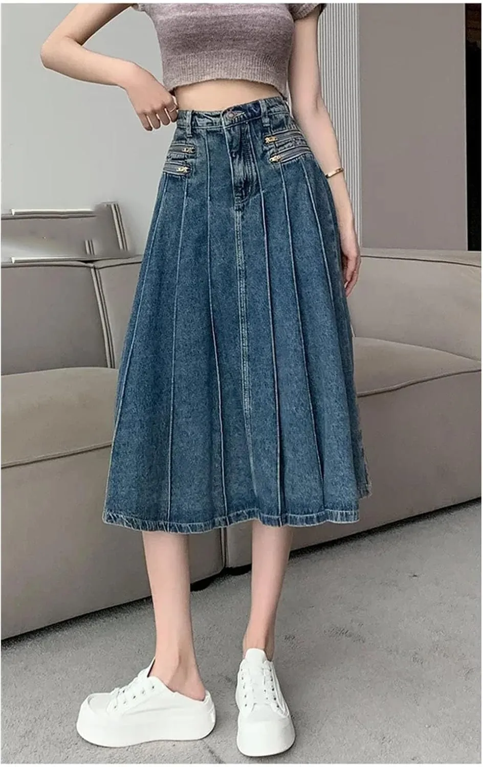 Womens Y2K Streetwear High Waist A Line Jeans Midi Skirts Summer Korean Vintage Blue Denim Pleated Skirt