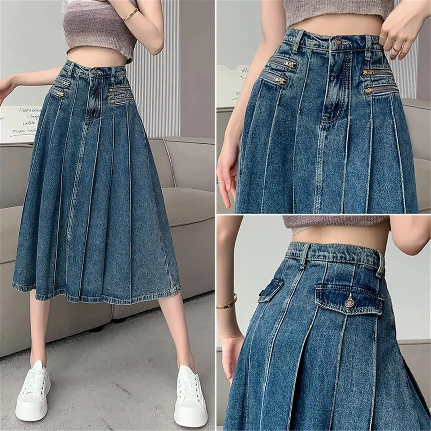 Womens Y2K Streetwear High Waist A Line Jeans Midi Skirts Summer Korean Vintage Blue Denim Pleated Skirt