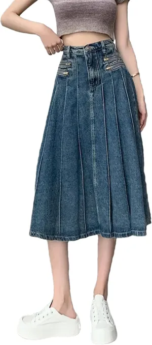 Womens Y2K Streetwear High Waist A Line Jeans Midi Skirts Summer Korean Vintage Blue Denim Pleated Skirt
