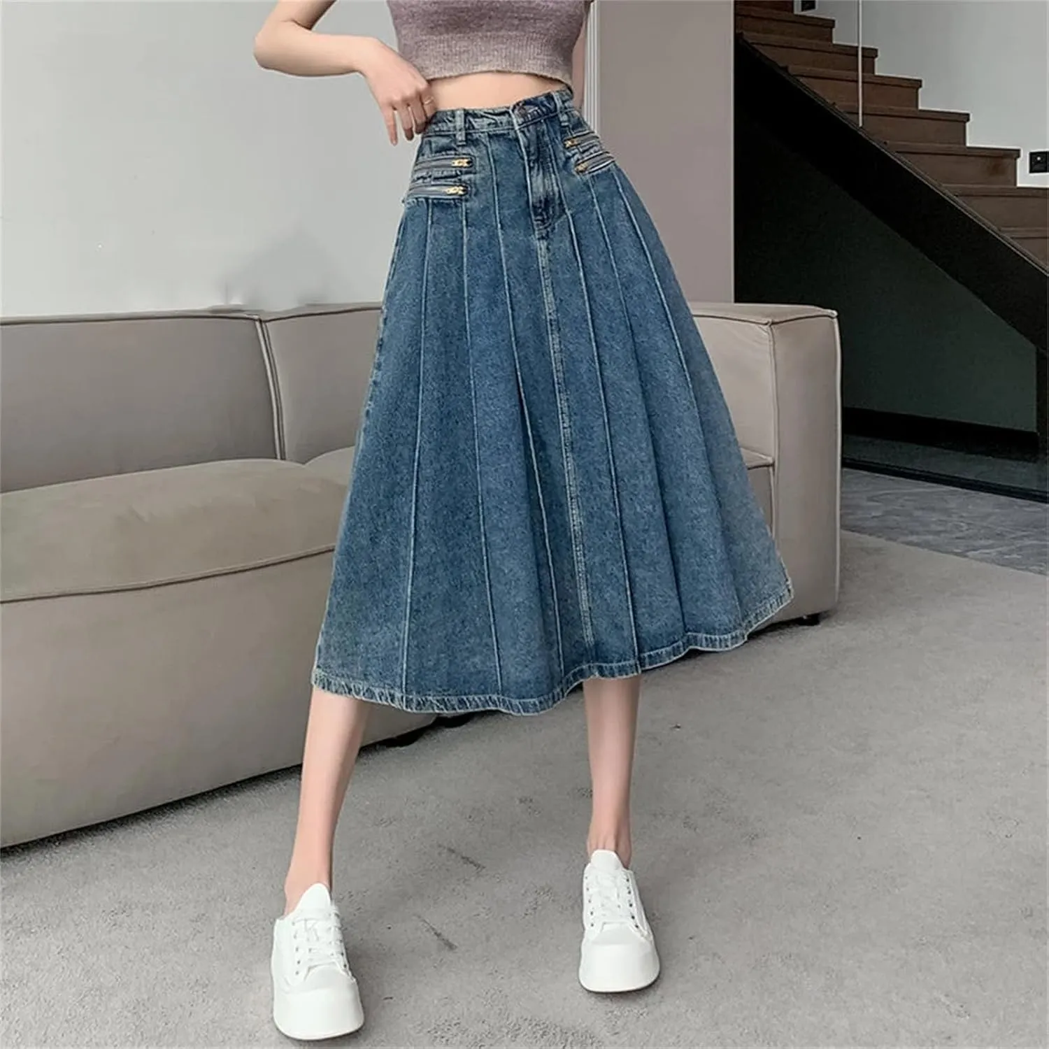 Womens Y2K Streetwear High Waist A Line Jeans Midi Skirts Summer Korean Vintage Blue Denim Pleated Skirt