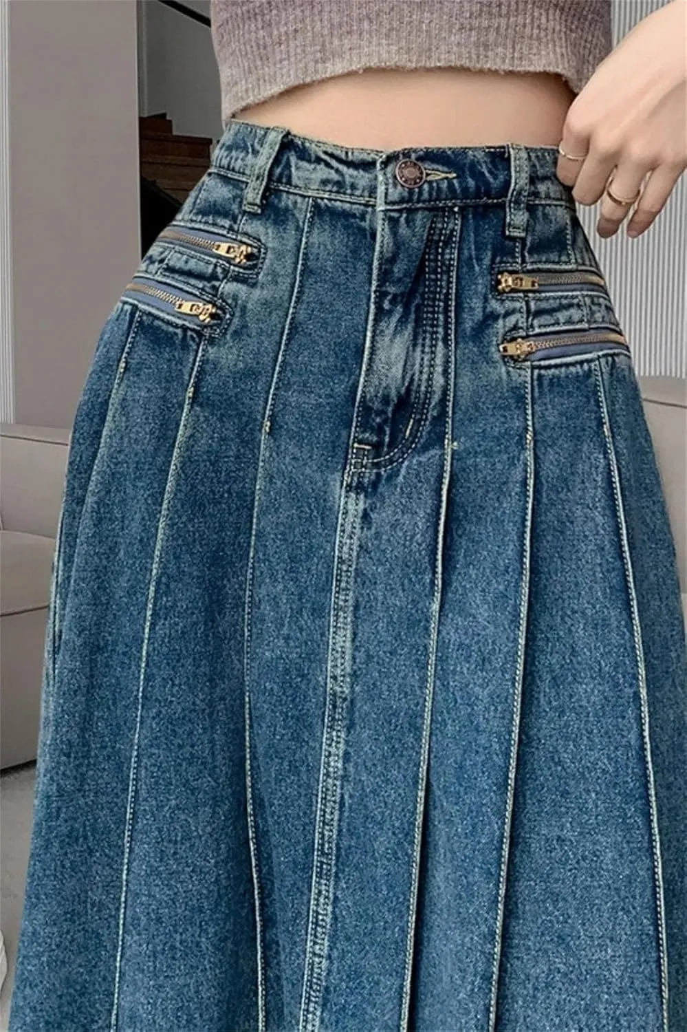 Womens Y2K Streetwear High Waist A Line Jeans Midi Skirts Summer Korean Vintage Blue Denim Pleated Skirt
