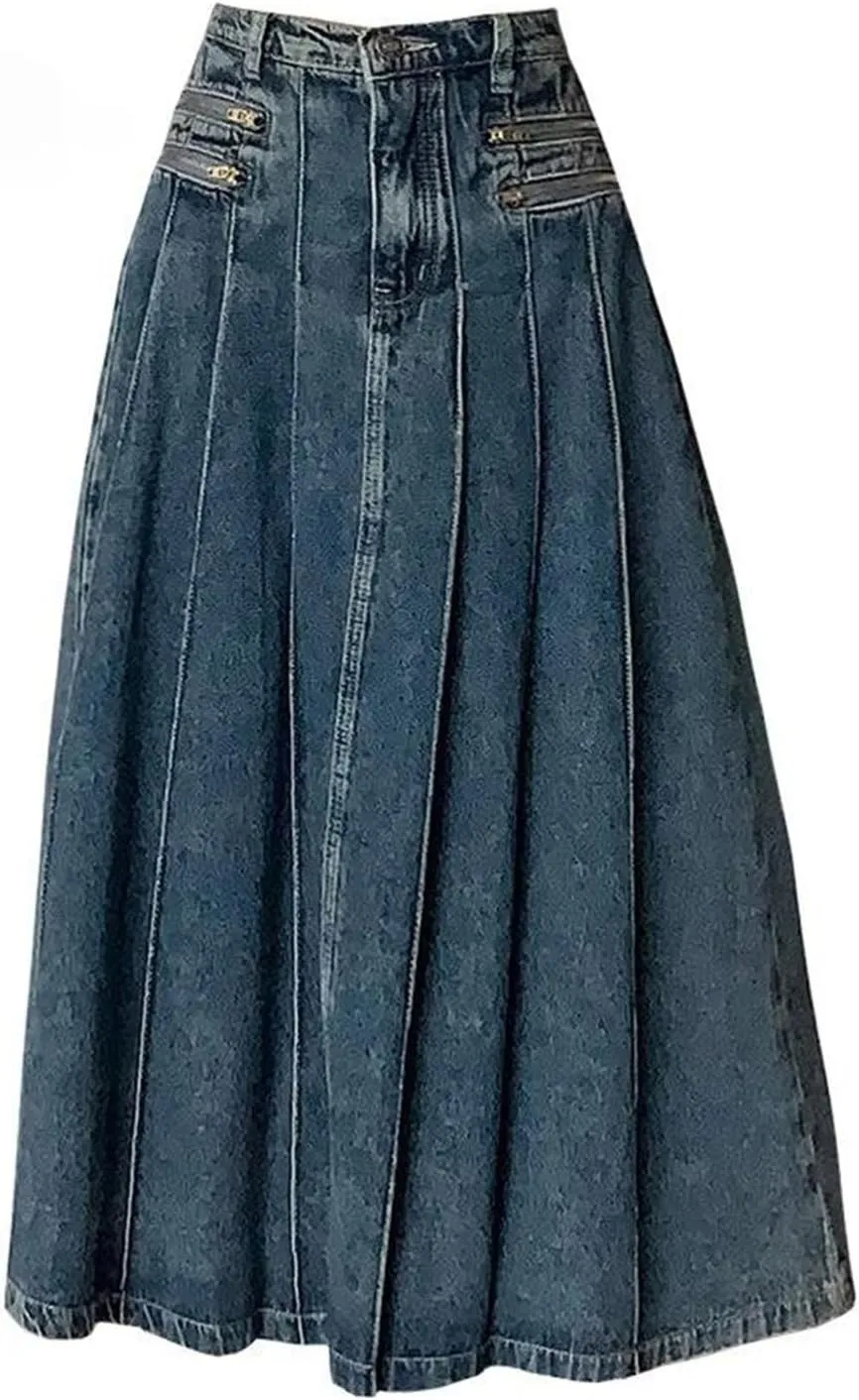 Womens Y2K Streetwear High Waist A Line Jeans Midi Skirts Summer Korean Vintage Blue Denim Pleated Skirt