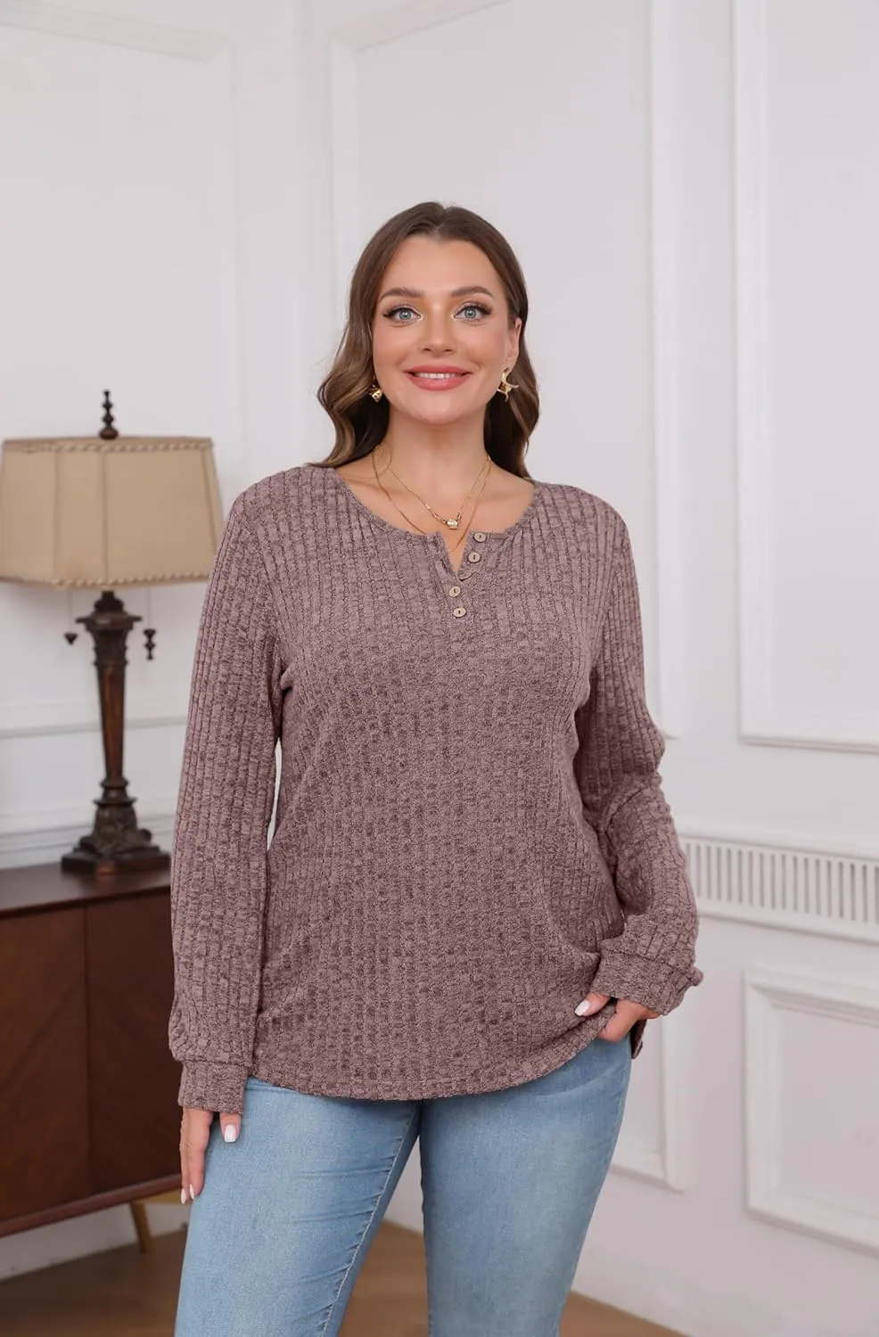 XIEERDUO Sweater for Women Long Sleeve Henley Shirts Tunic Tops to Wear with Leggings crew neck Sweaters Trendy 2024