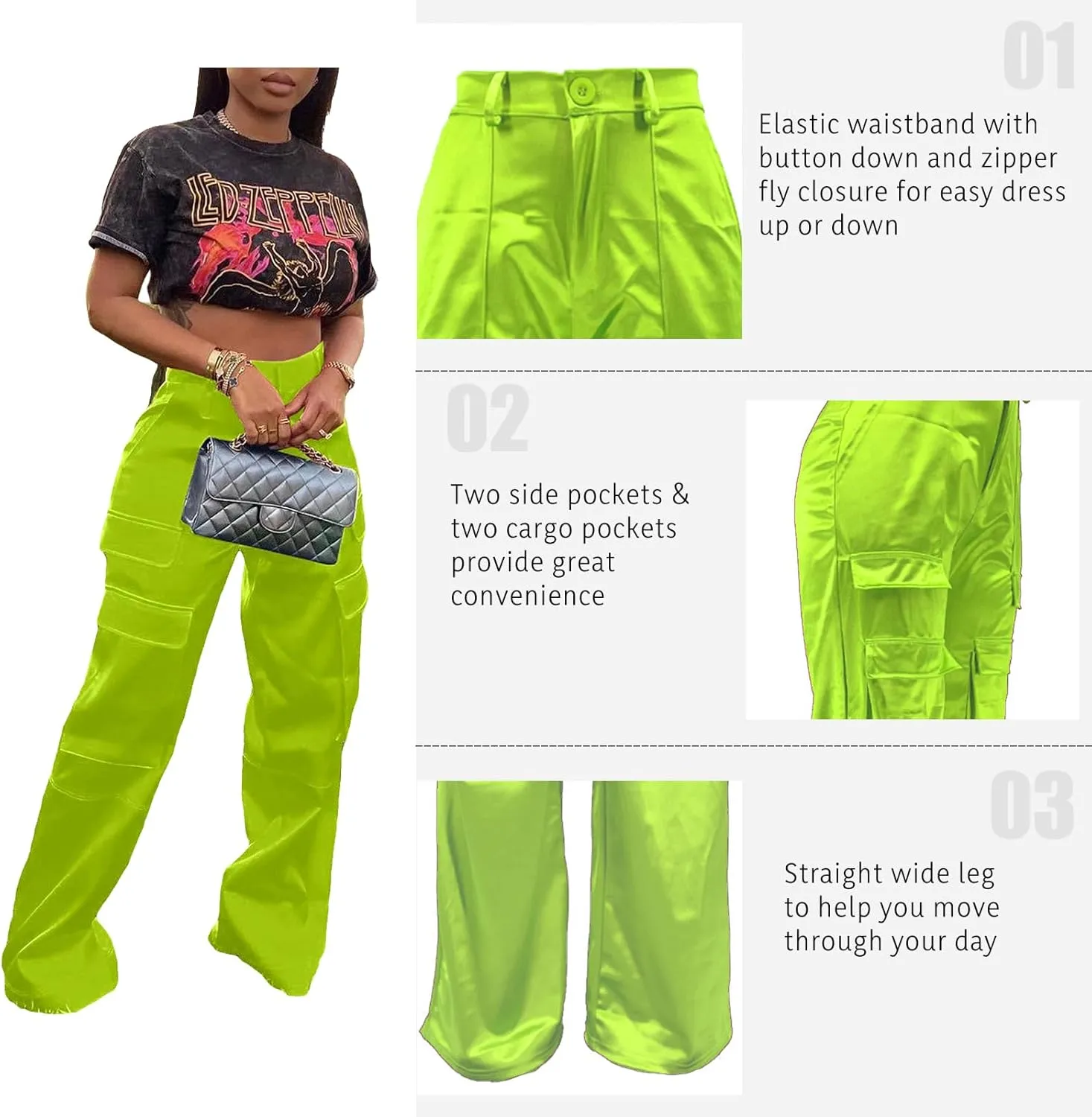 XZLUFNY Satin Cargo Pants for Women High Waist Multiple Pockets Wide Leg Trouser