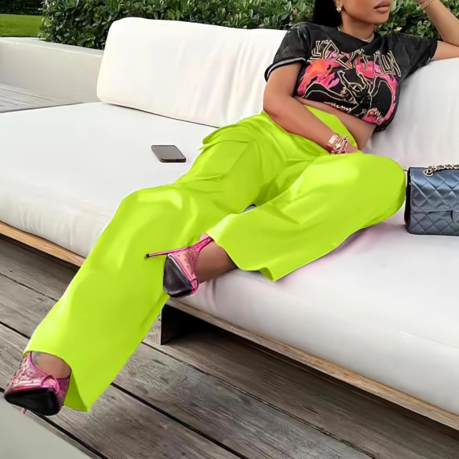 XZLUFNY Satin Cargo Pants for Women High Waist Multiple Pockets Wide Leg Trouser