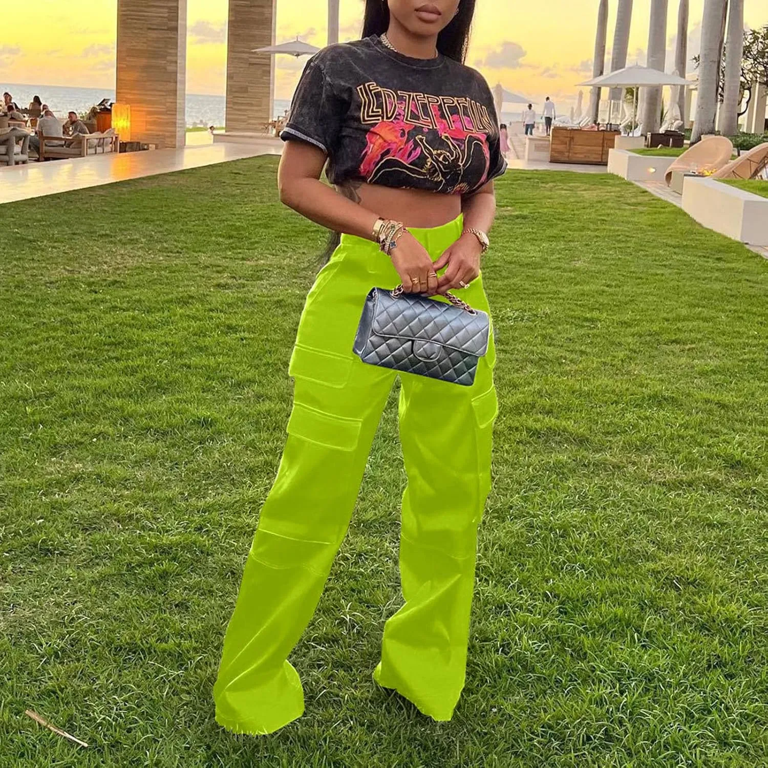 XZLUFNY Satin Cargo Pants for Women High Waist Multiple Pockets Wide Leg Trouser