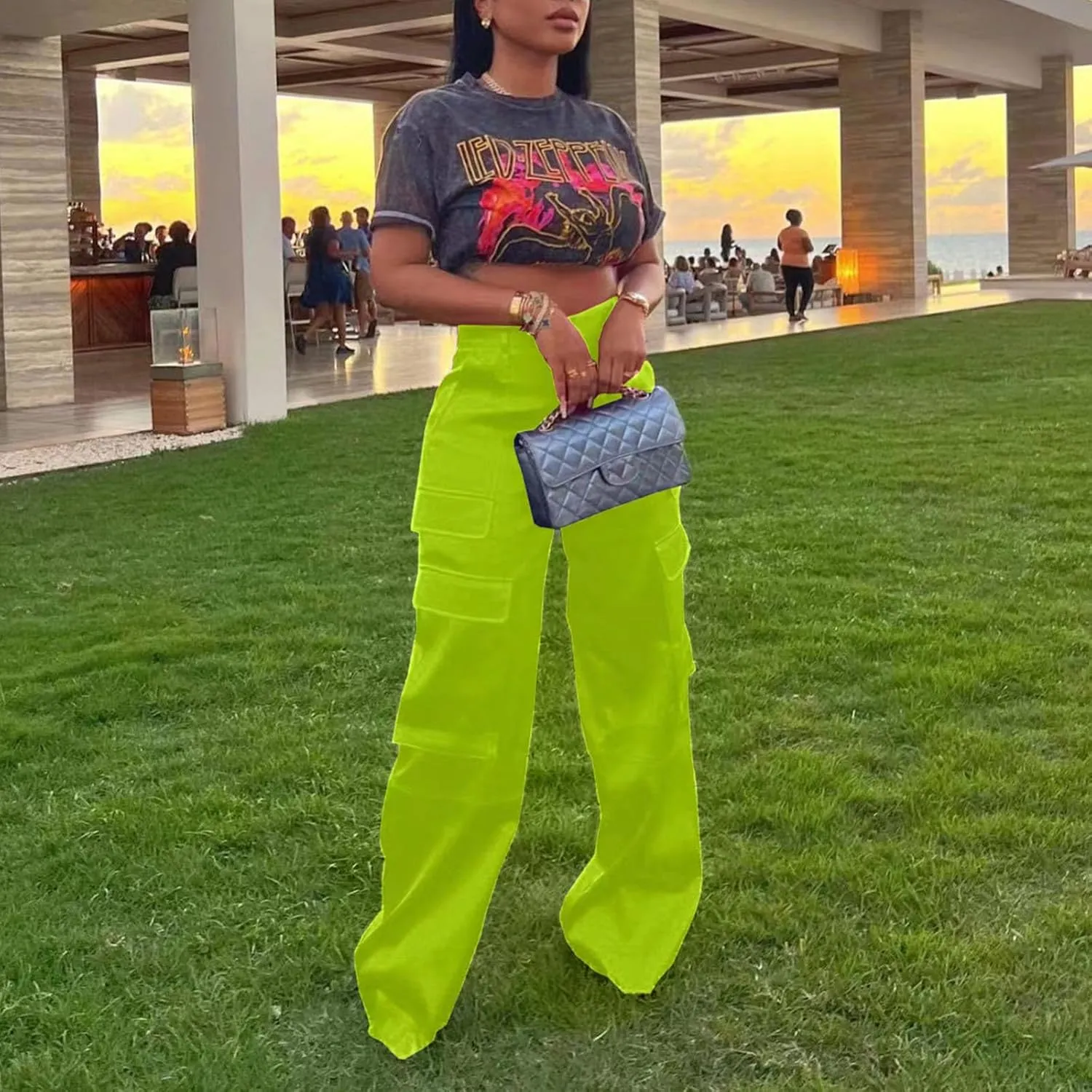 XZLUFNY Satin Cargo Pants for Women High Waist Multiple Pockets Wide Leg Trouser