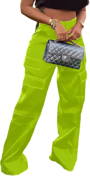 XZLUFNY Satin Cargo Pants for Women High Waist Multiple Pockets Wide Leg Trouser