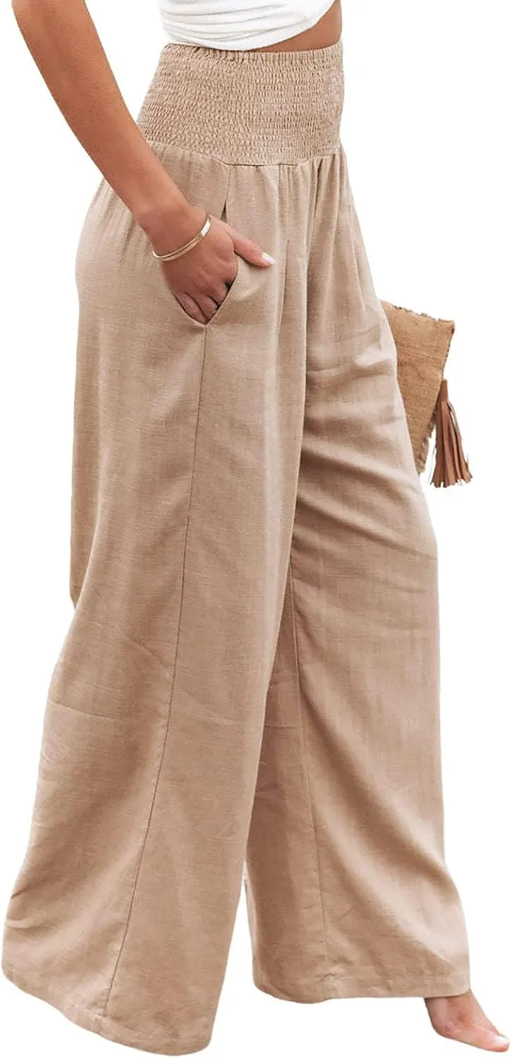 yoeasy Women Summer High Waisted Cotton Linen Palazzo Pants Wide Leg Long Trousers with Pocket