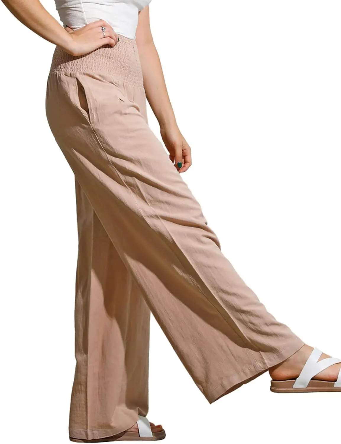 yoeasy Women Summer High Waisted Cotton Linen Palazzo Pants Wide Leg Long Trousers with Pocket