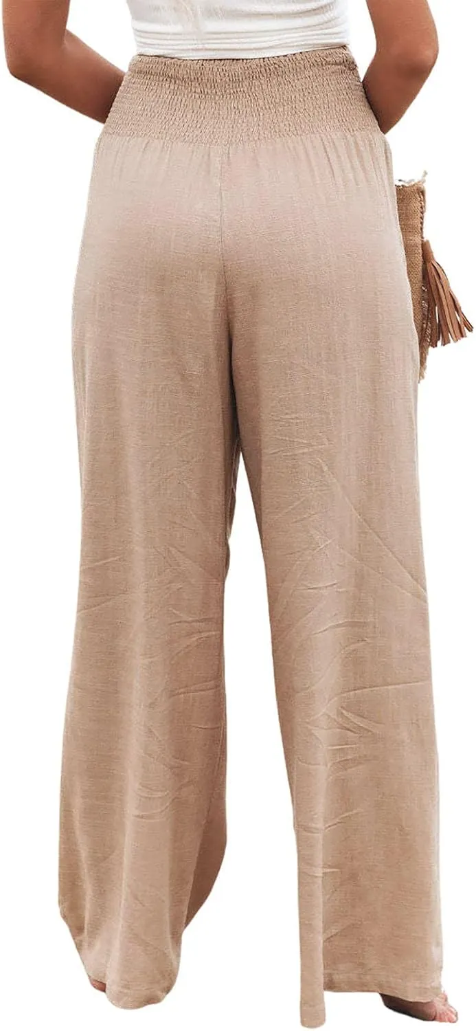 yoeasy Women Summer High Waisted Cotton Linen Palazzo Pants Wide Leg Long Trousers with Pocket