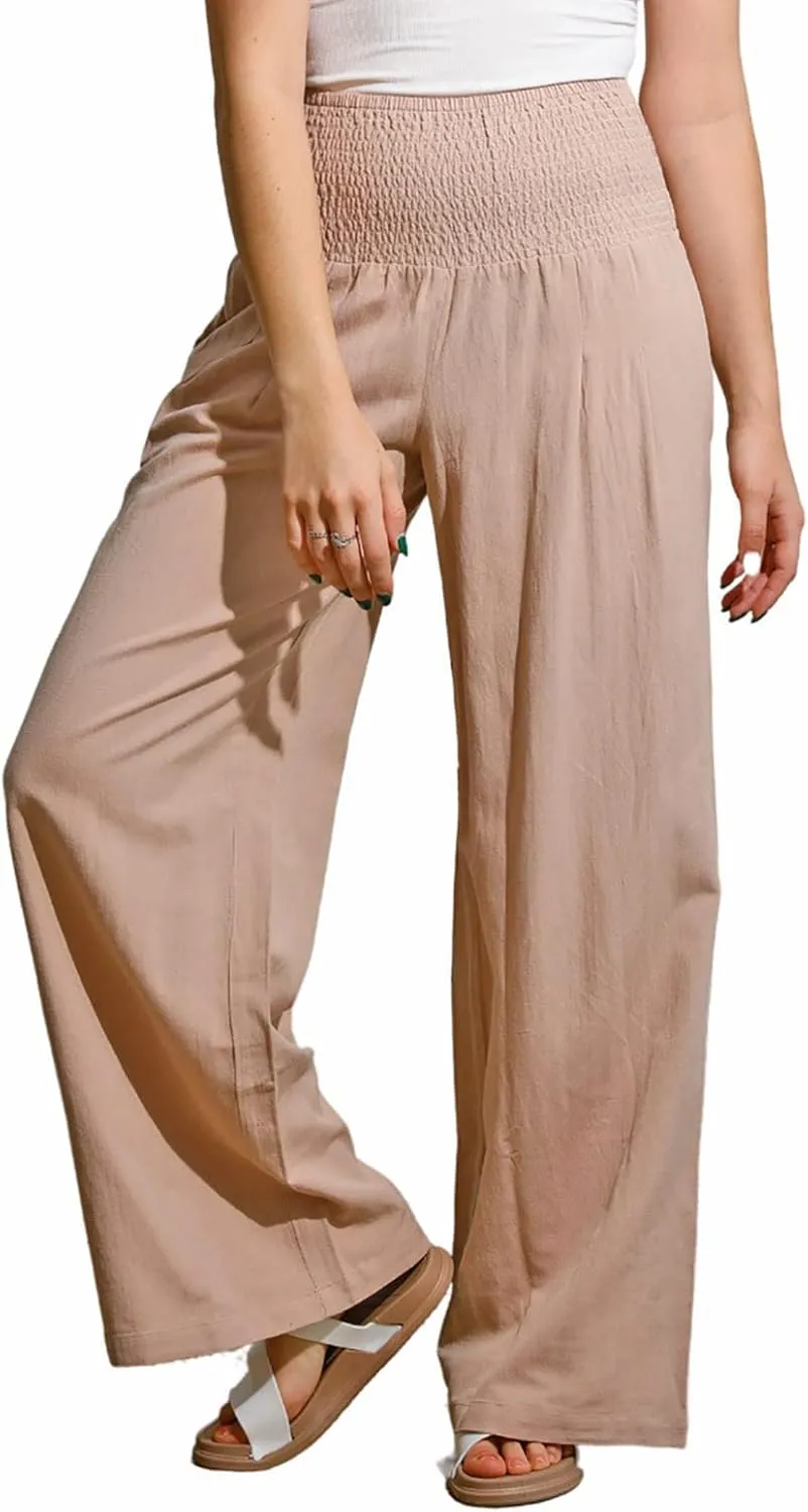 yoeasy Women Summer High Waisted Cotton Linen Palazzo Pants Wide Leg Long Trousers with Pocket