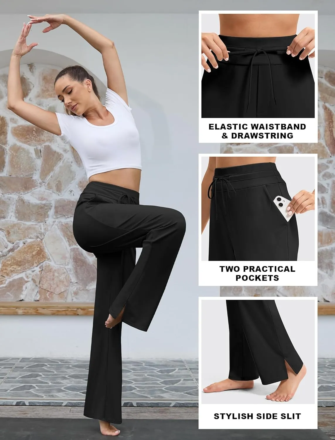 Yoga Pants Women Wide Leg Pants with Pockets Drawstring High Waist Stretch Dress Pants Lounge Sweatpants 29"/31"/33"