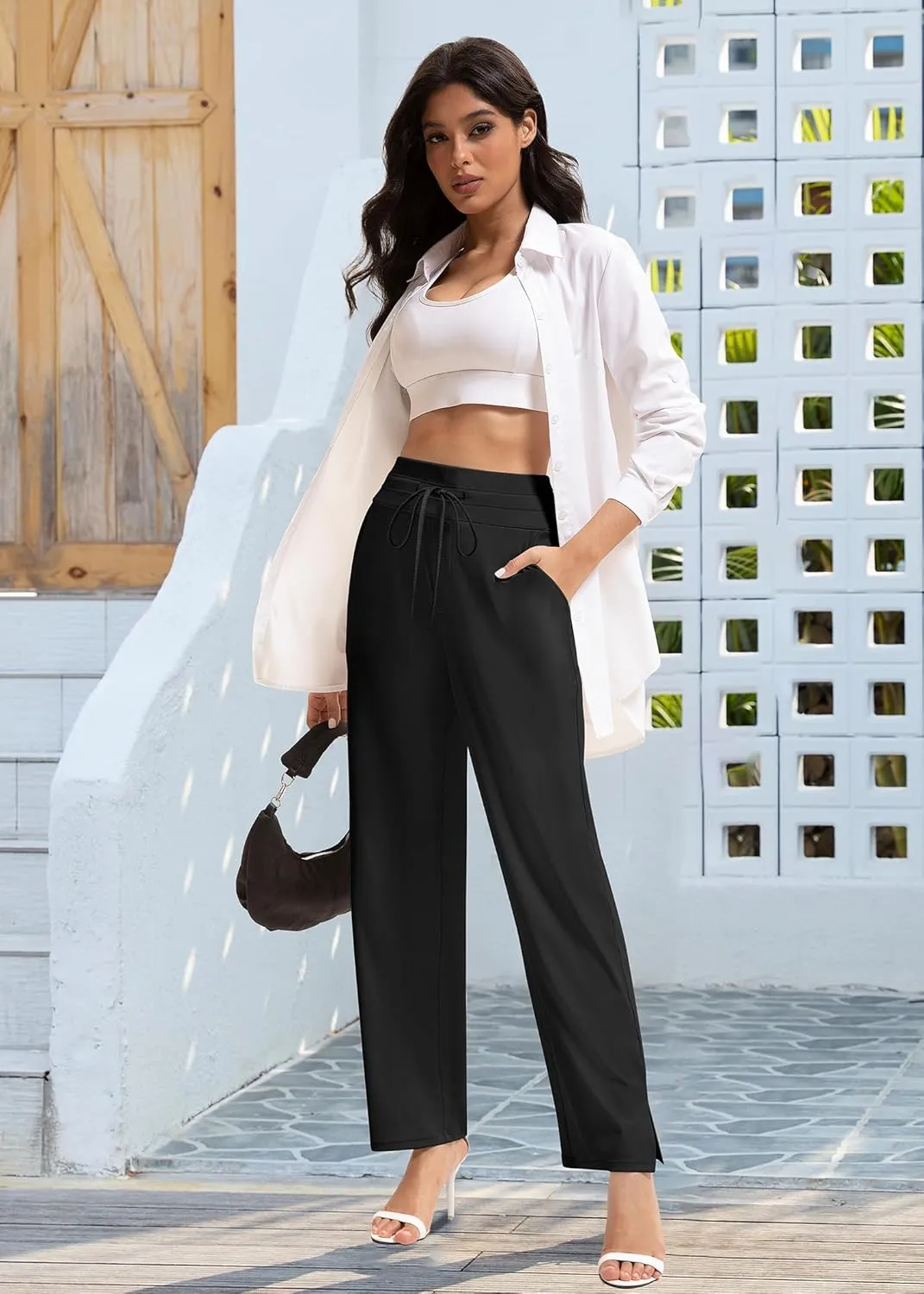 Yoga Pants Women Wide Leg Pants with Pockets Drawstring High Waist Stretch Dress Pants Lounge Sweatpants 29"/31"/33"