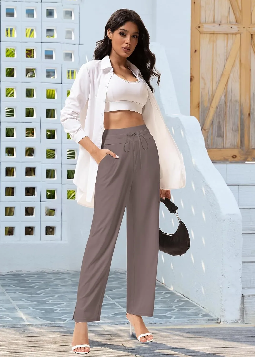 Yoga Pants Women Wide Leg Pants with Pockets Drawstring High Waist Stretch Dress Pants Lounge Sweatpants 29"/31"/33"
