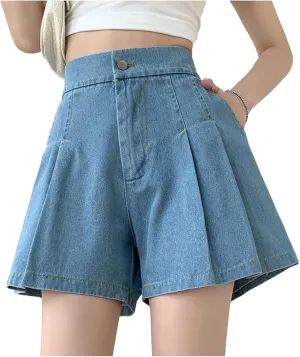 ZENTHACE Womens Summer High Elastic Waisted Skirt Shorts Casual Wide Leg Flared A Line Pleated Denim Jean Shorts with Pockets