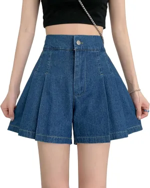 ZENTHACE Womens Summer High Elastic Waisted Skirt Shorts Casual Wide Leg Flared A Line Pleated Denim Jean Shorts with Pockets