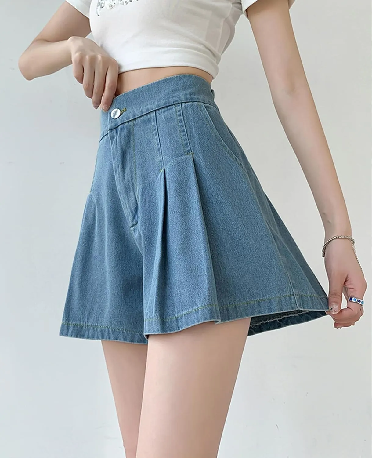 ZENTHACE Womens Summer High Elastic Waisted Skirt Shorts Casual Wide Leg Flared A Line Pleated Denim Jean Shorts with Pockets