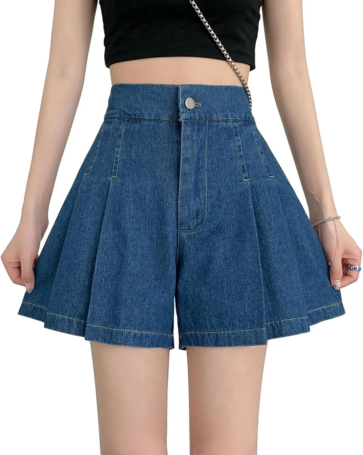 ZENTHACE Womens Summer High Elastic Waisted Skirt Shorts Casual Wide Leg Flared A Line Pleated Denim Jean Shorts with Pockets