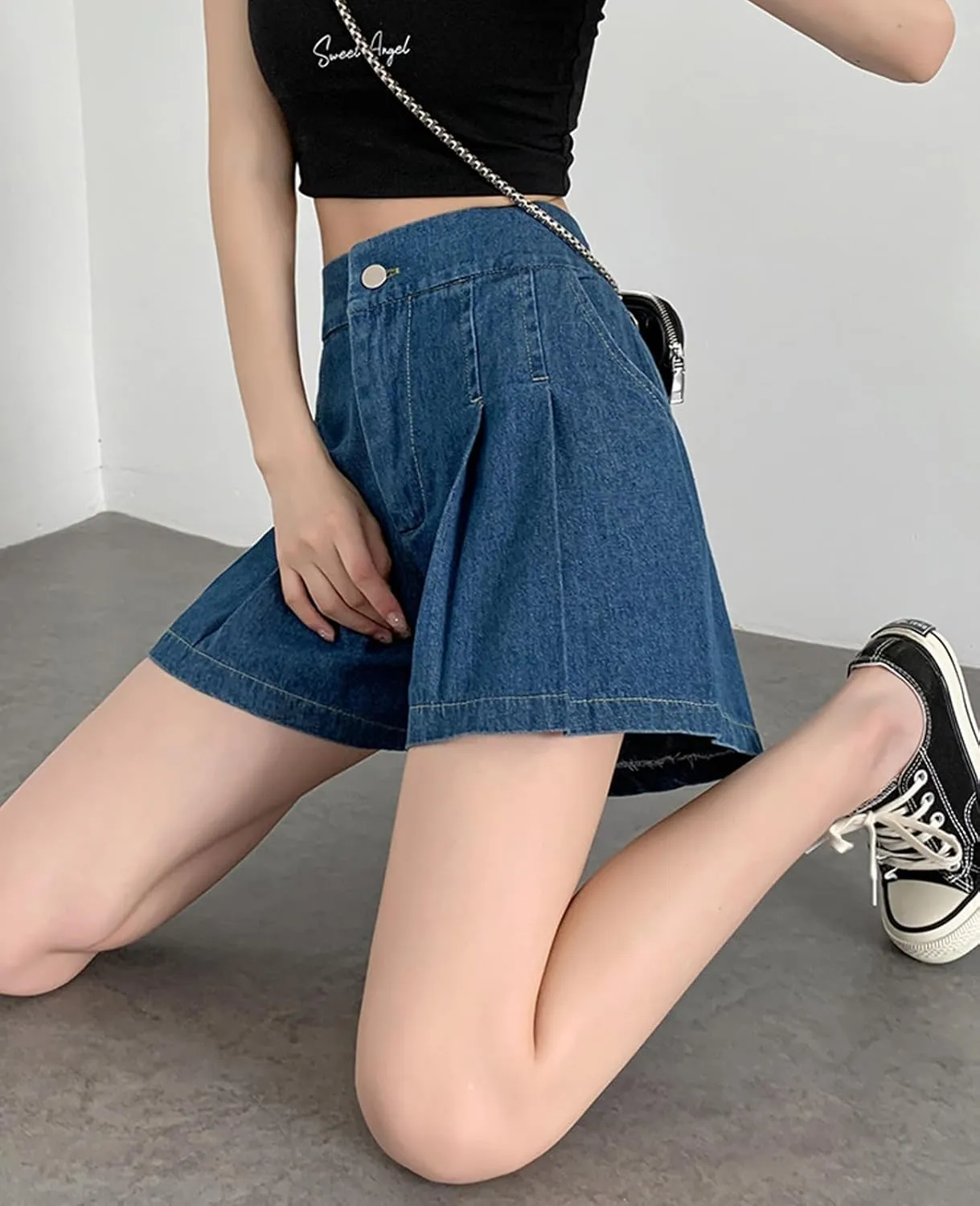 ZENTHACE Womens Summer High Elastic Waisted Skirt Shorts Casual Wide Leg Flared A Line Pleated Denim Jean Shorts with Pockets