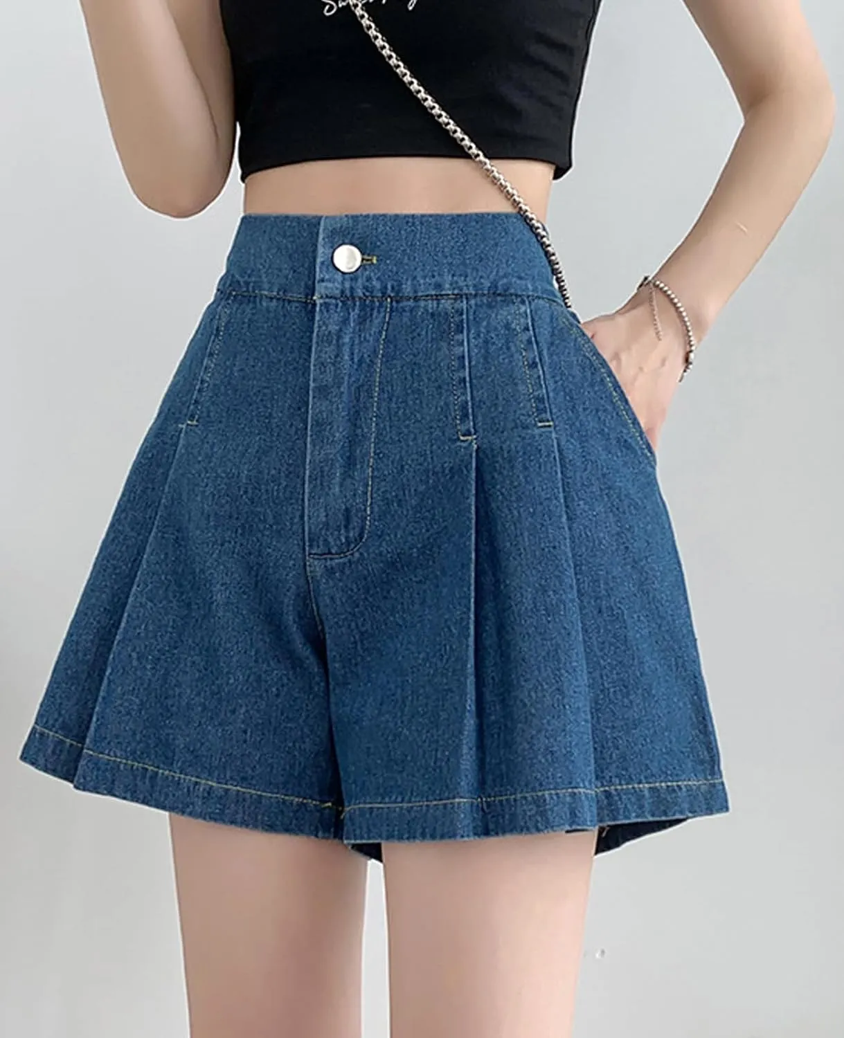 ZENTHACE Womens Summer High Elastic Waisted Skirt Shorts Casual Wide Leg Flared A Line Pleated Denim Jean Shorts with Pockets
