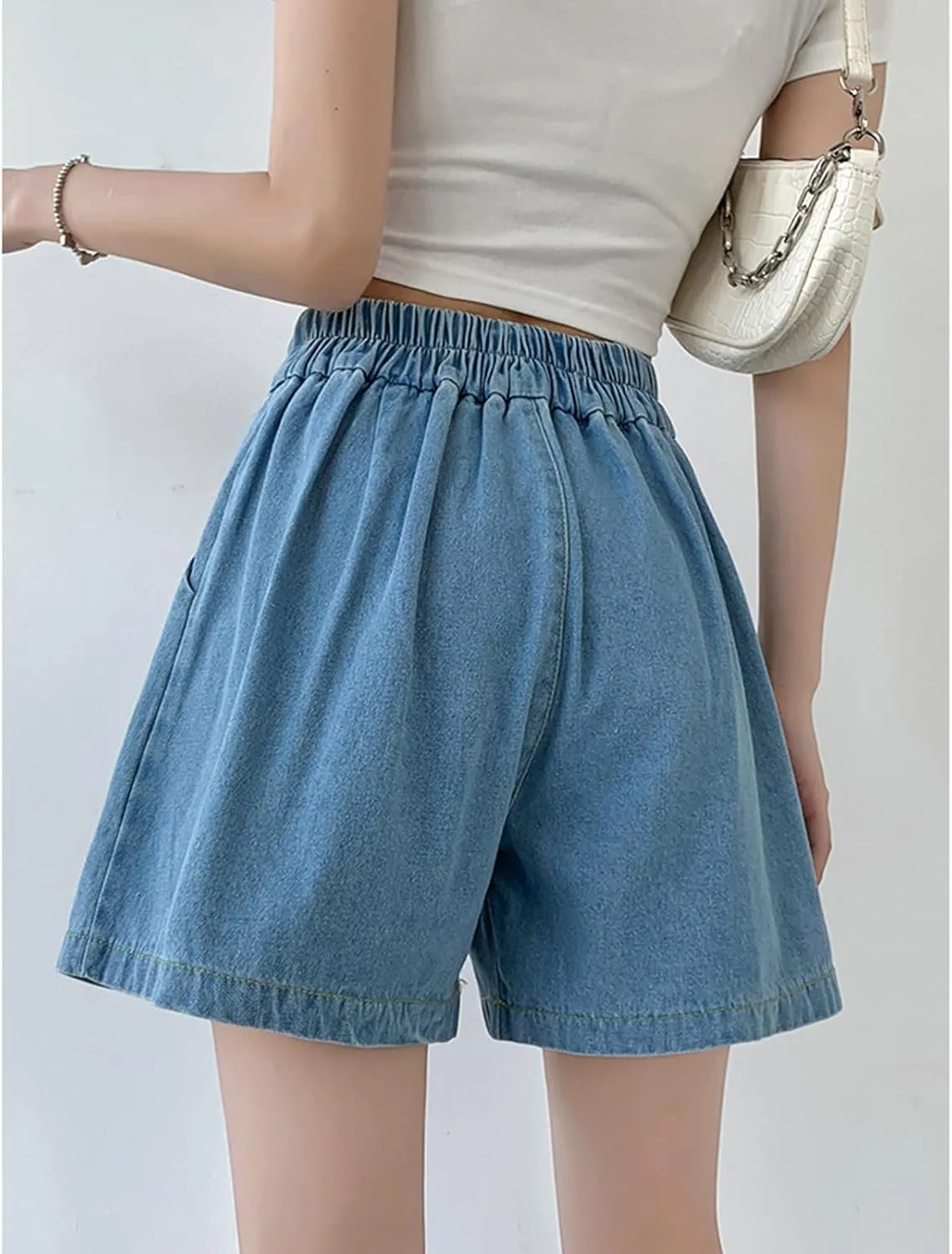 ZENTHACE Womens Summer High Elastic Waisted Skirt Shorts Casual Wide Leg Flared A Line Pleated Denim Jean Shorts with Pockets
