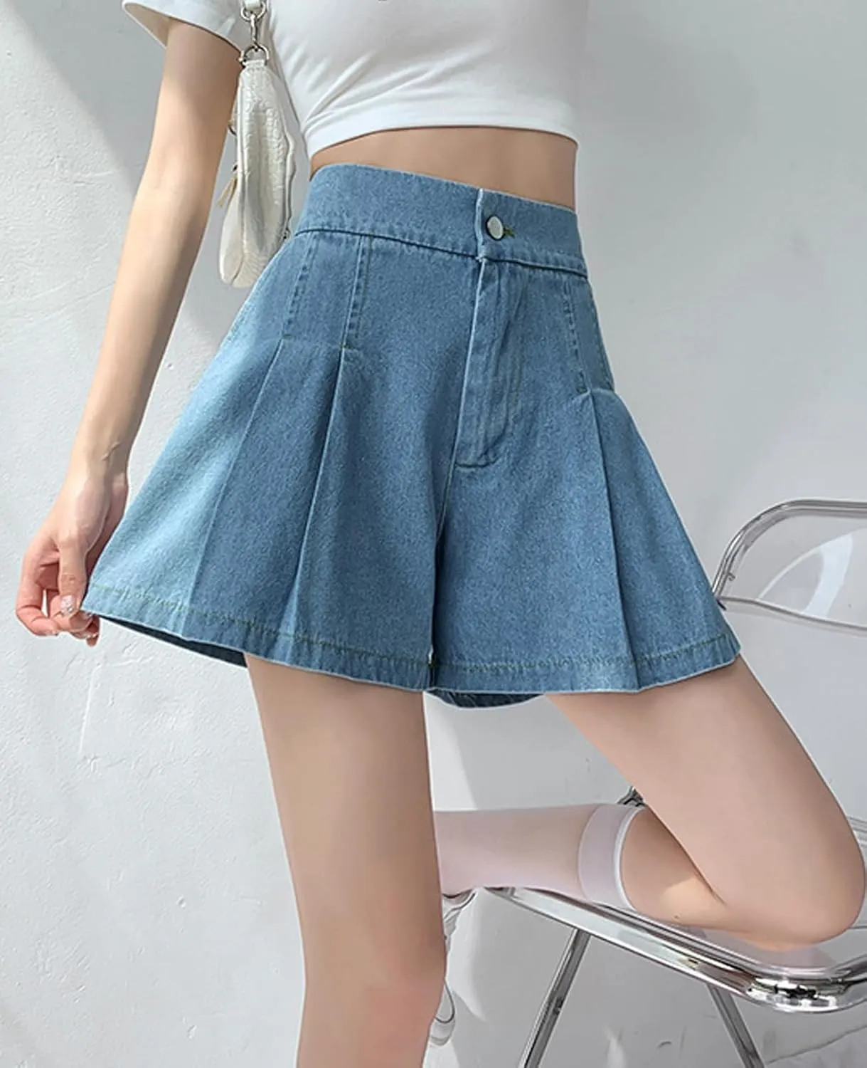 ZENTHACE Womens Summer High Elastic Waisted Skirt Shorts Casual Wide Leg Flared A Line Pleated Denim Jean Shorts with Pockets
