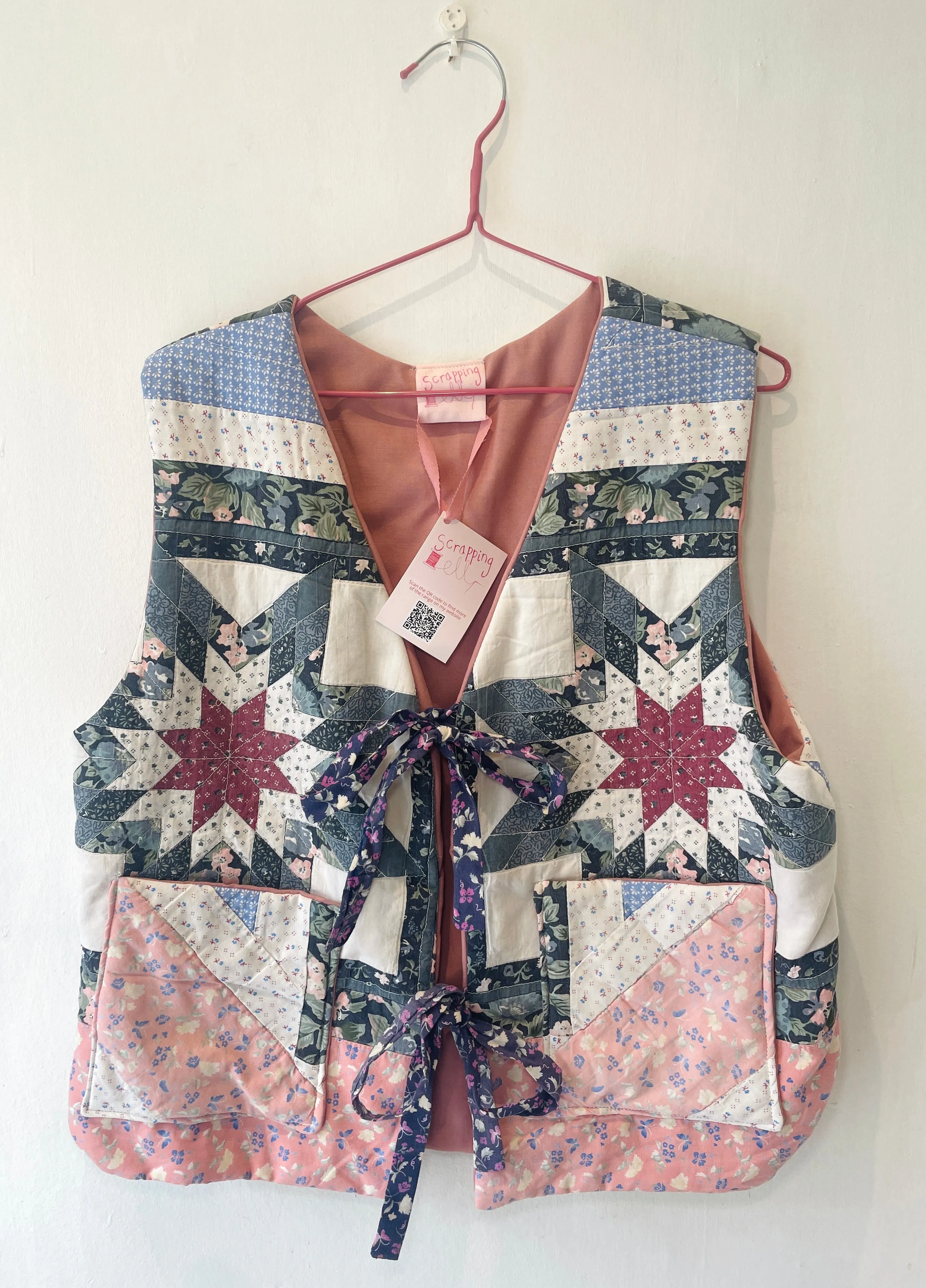 Zoe Handmade Blue and Pink Tie Front Quilted Vest Gilet - Up To Size 16