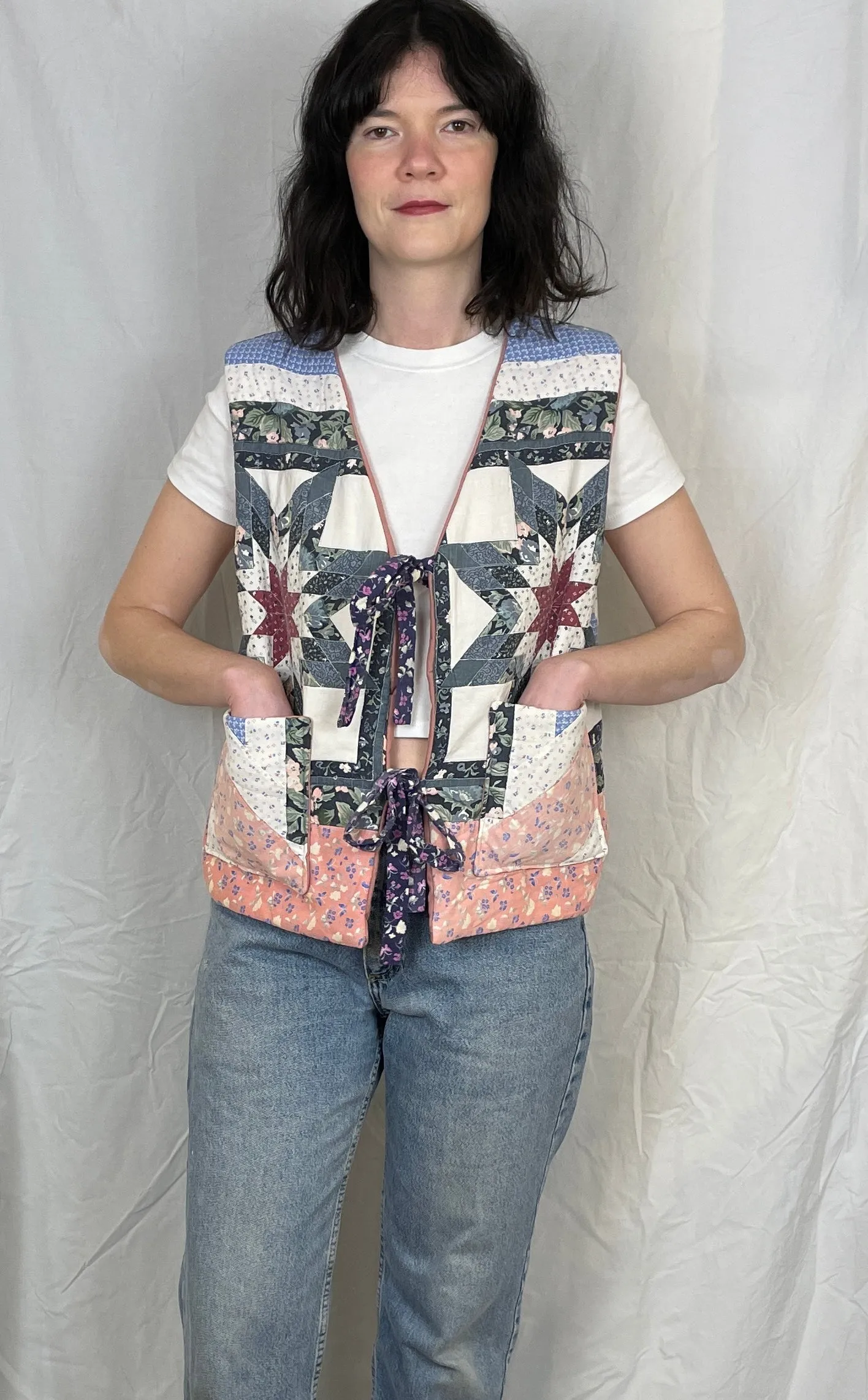 Zoe Handmade Blue and Pink Tie Front Quilted Vest Gilet - Up To Size 16