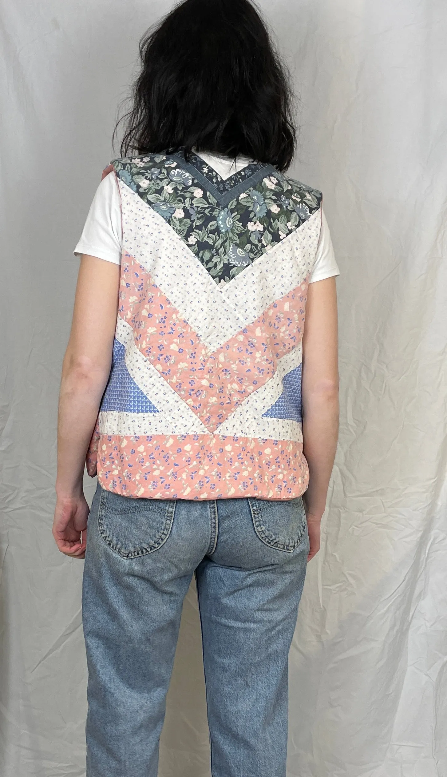 Zoe Handmade Blue and Pink Tie Front Quilted Vest Gilet - Up To Size 16