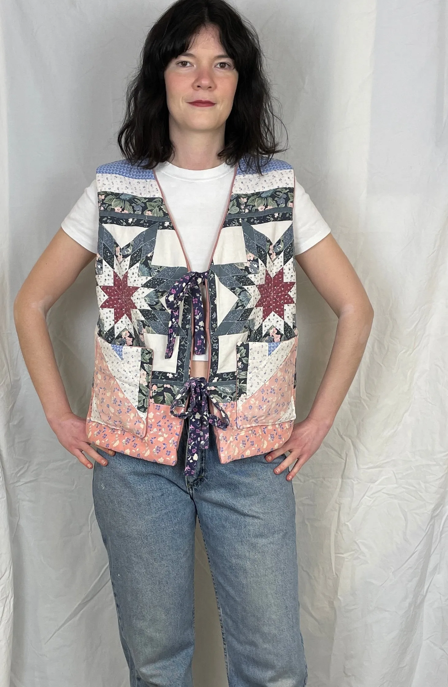 Zoe Handmade Blue and Pink Tie Front Quilted Vest Gilet - Up To Size 16