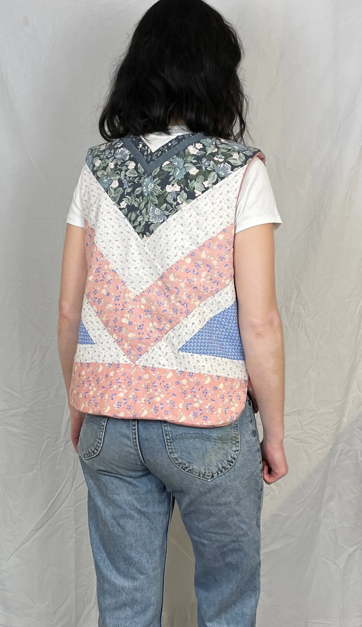 Zoe Handmade Blue and Pink Tie Front Quilted Vest Gilet - Up To Size 16
