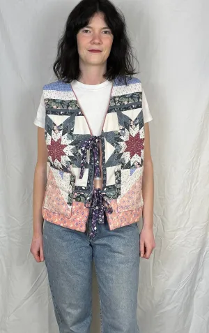 Zoe Handmade Blue and Pink Tie Front Quilted Vest Gilet - Up To Size 16
