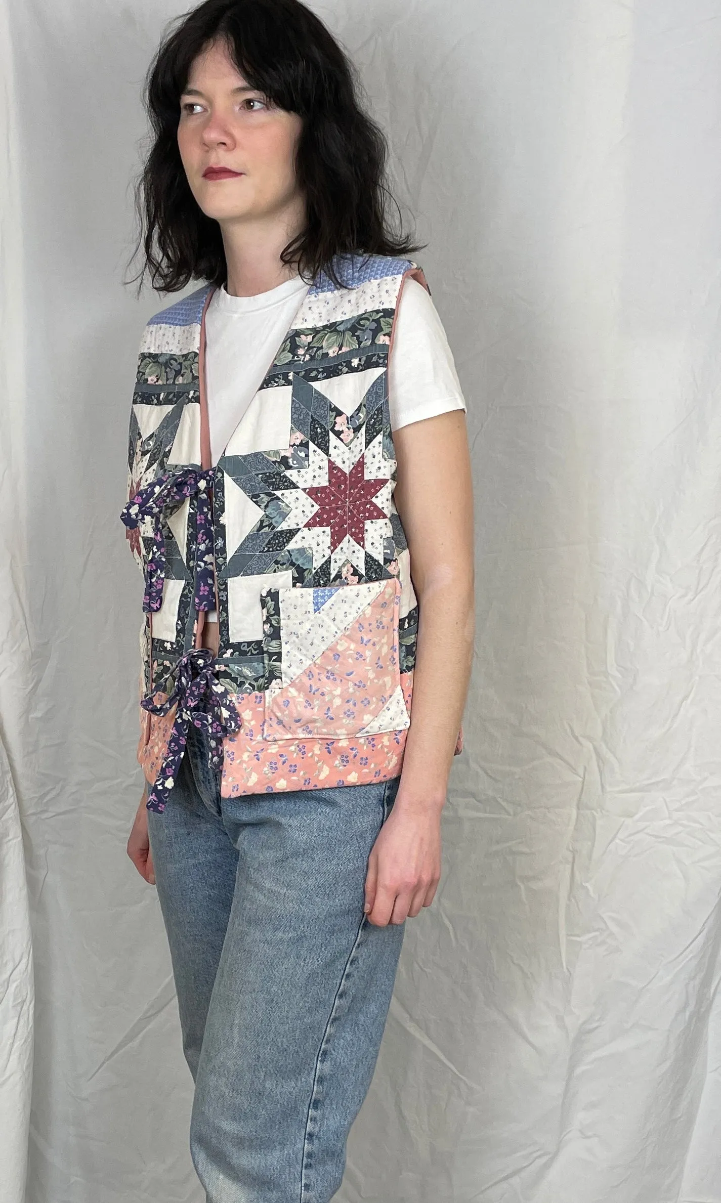 Zoe Handmade Blue and Pink Tie Front Quilted Vest Gilet - Up To Size 16