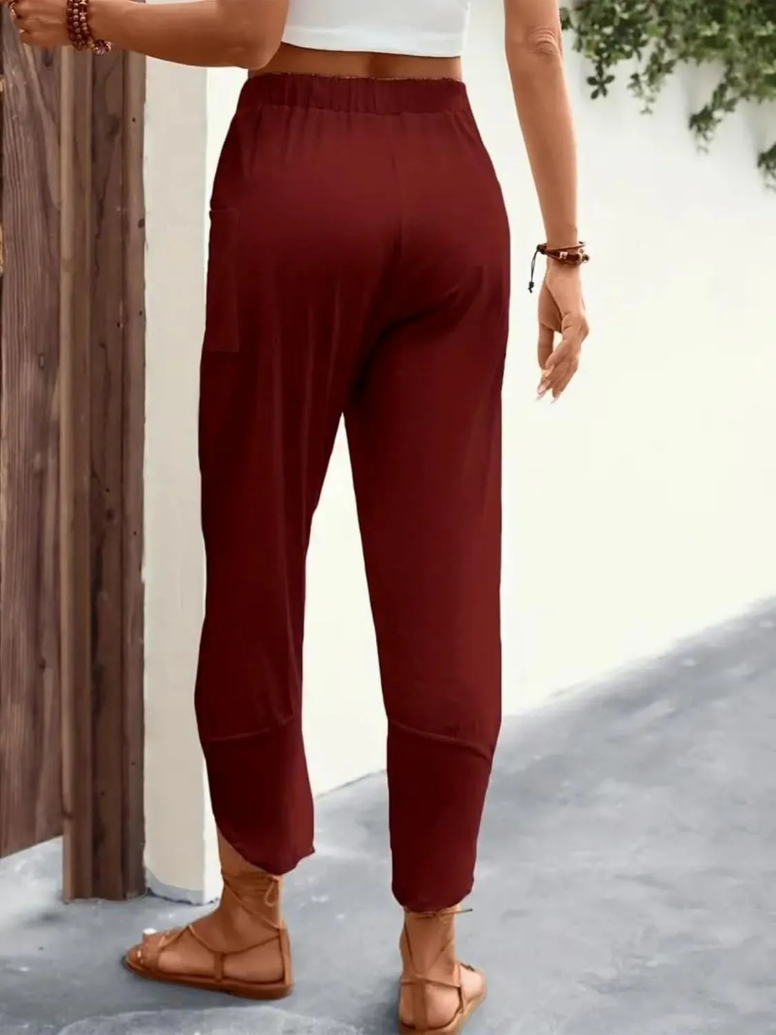 ZWRXW Womens Linen Pants Casual Loose Wide Leg Lounge Pants Elastic High Waist Beach Trousers Ankle Length Pants with Pockets