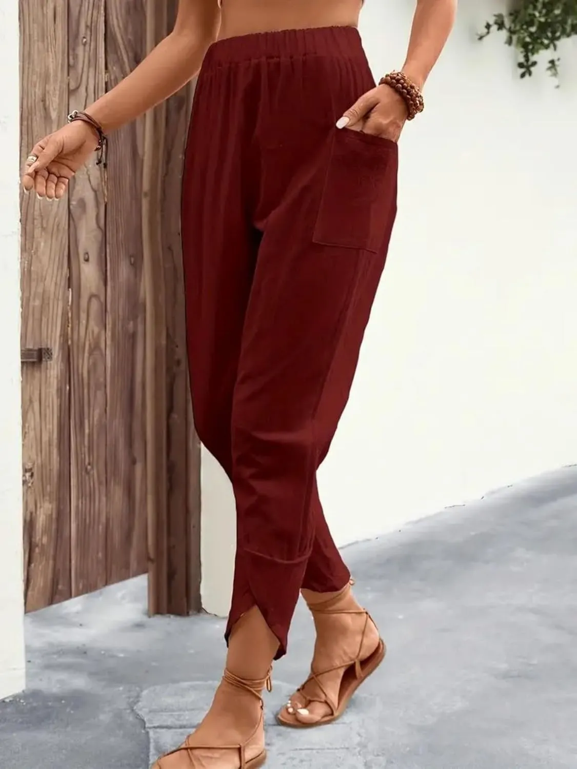 ZWRXW Womens Linen Pants Casual Loose Wide Leg Lounge Pants Elastic High Waist Beach Trousers Ankle Length Pants with Pockets