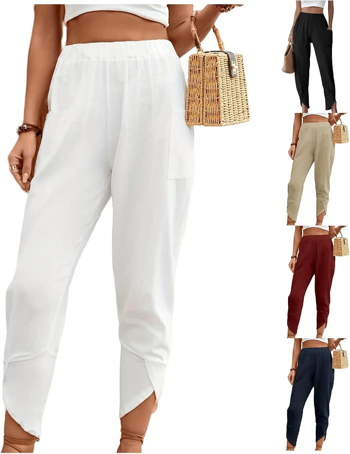ZWRXW Womens Linen Pants Casual Loose Wide Leg Lounge Pants Elastic High Waist Beach Trousers Ankle Length Pants with Pockets