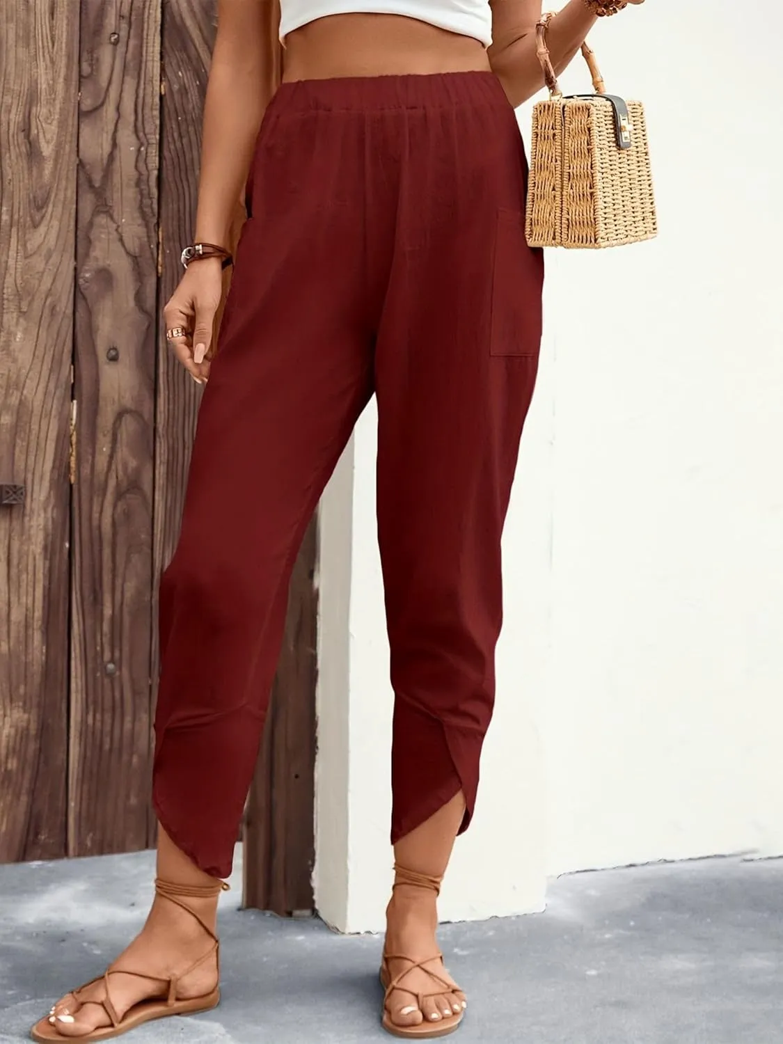 ZWRXW Womens Linen Pants Casual Loose Wide Leg Lounge Pants Elastic High Waist Beach Trousers Ankle Length Pants with Pockets