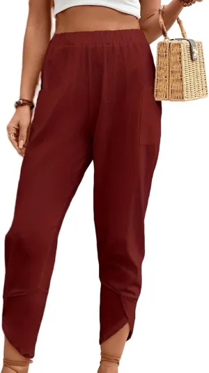 ZWRXW Womens Linen Pants Casual Loose Wide Leg Lounge Pants Elastic High Waist Beach Trousers Ankle Length Pants with Pockets