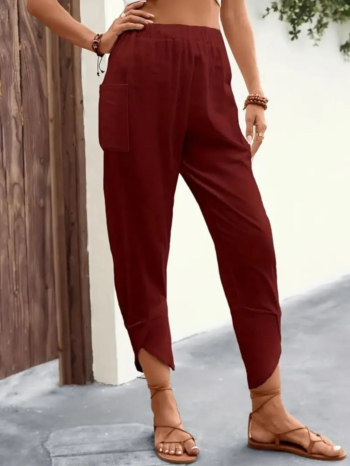 ZWRXW Womens Linen Pants Casual Loose Wide Leg Lounge Pants Elastic High Waist Beach Trousers Ankle Length Pants with Pockets