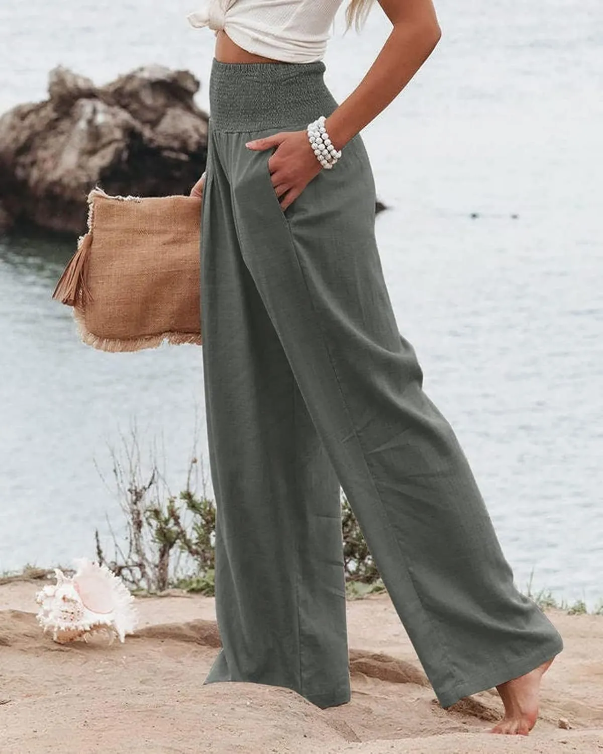 ZWRXW Women's Linen Pants Summer Flowy Palazzo Wide Leg Pants Beach High Waisted Trousers Boho Long Lounge Pants with Pockets