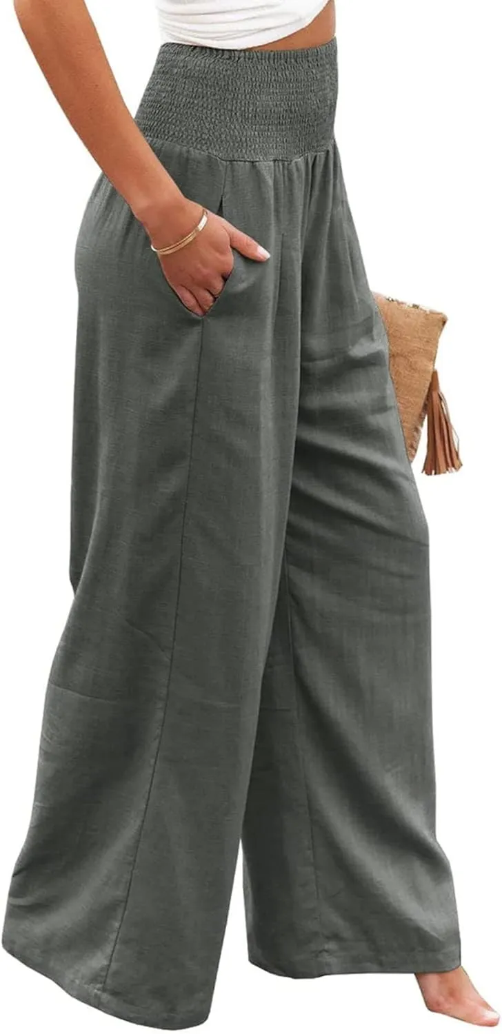ZWRXW Women's Linen Pants Summer Flowy Palazzo Wide Leg Pants Beach High Waisted Trousers Boho Long Lounge Pants with Pockets