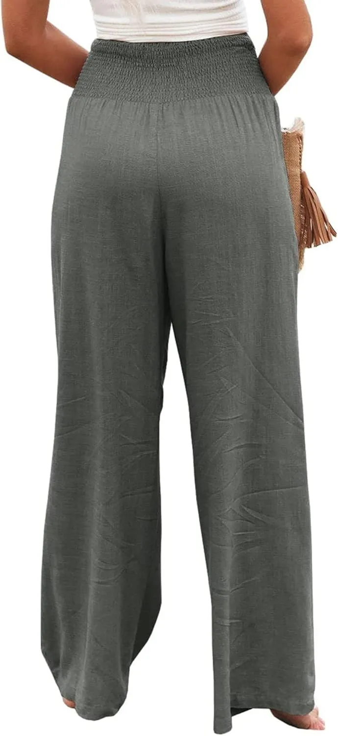 ZWRXW Women's Linen Pants Summer Flowy Palazzo Wide Leg Pants Beach High Waisted Trousers Boho Long Lounge Pants with Pockets