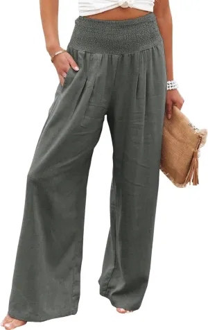 ZWRXW Women's Linen Pants Summer Flowy Palazzo Wide Leg Pants Beach High Waisted Trousers Boho Long Lounge Pants with Pockets
