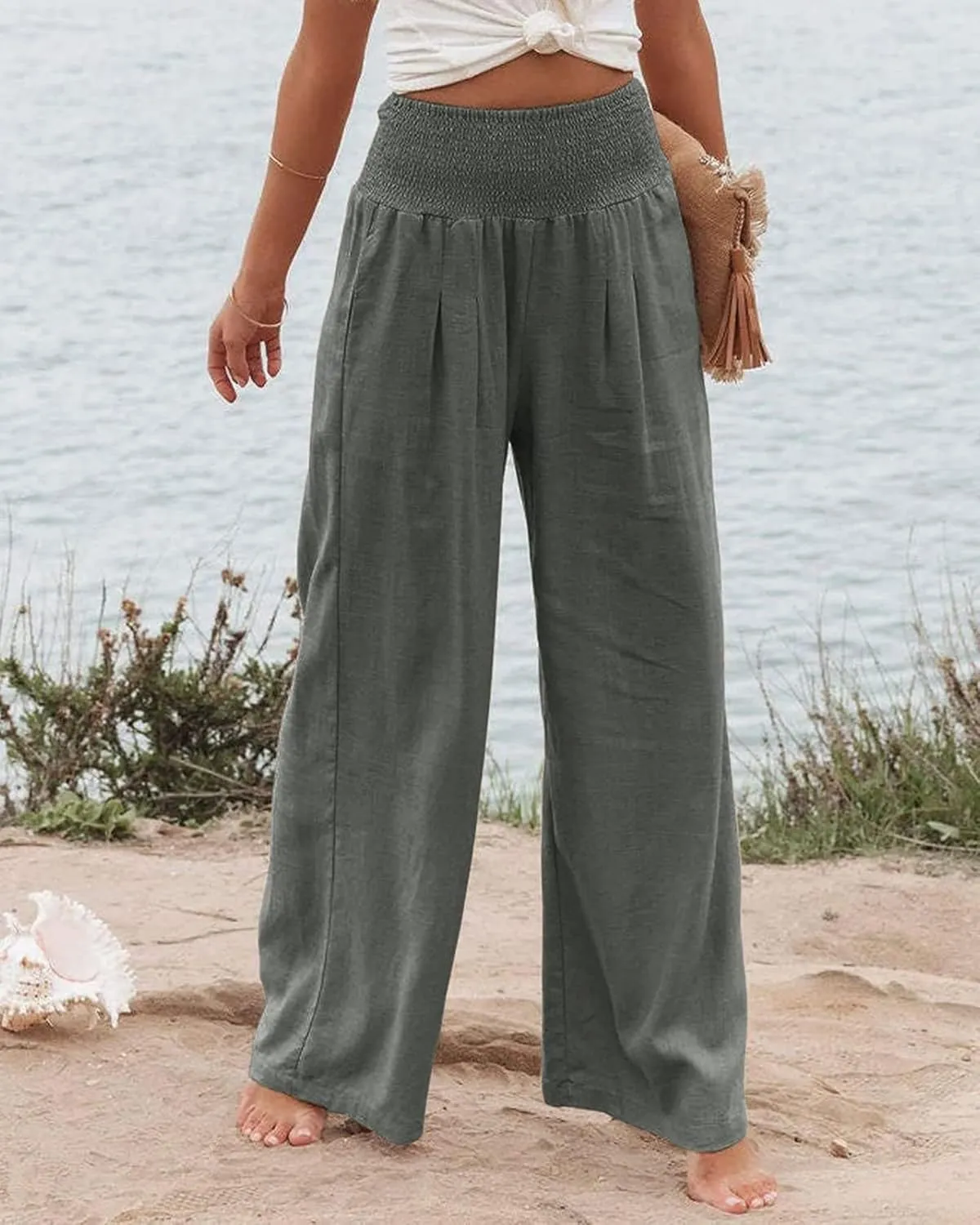 ZWRXW Women's Linen Pants Summer Flowy Palazzo Wide Leg Pants Beach High Waisted Trousers Boho Long Lounge Pants with Pockets